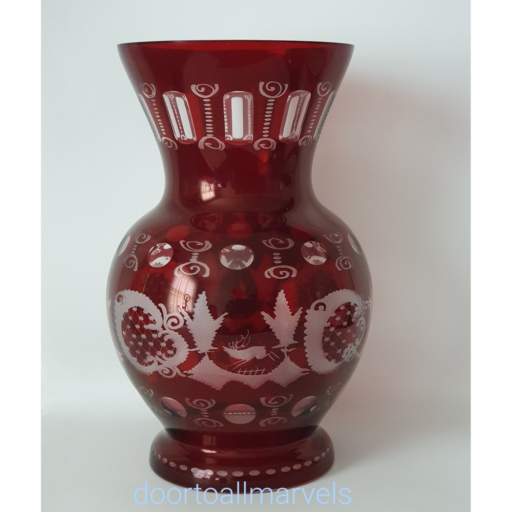 Antique Vase Bohemian Egermann Cut to Clear Hunt Scene 1880s LARGE 12.5"H